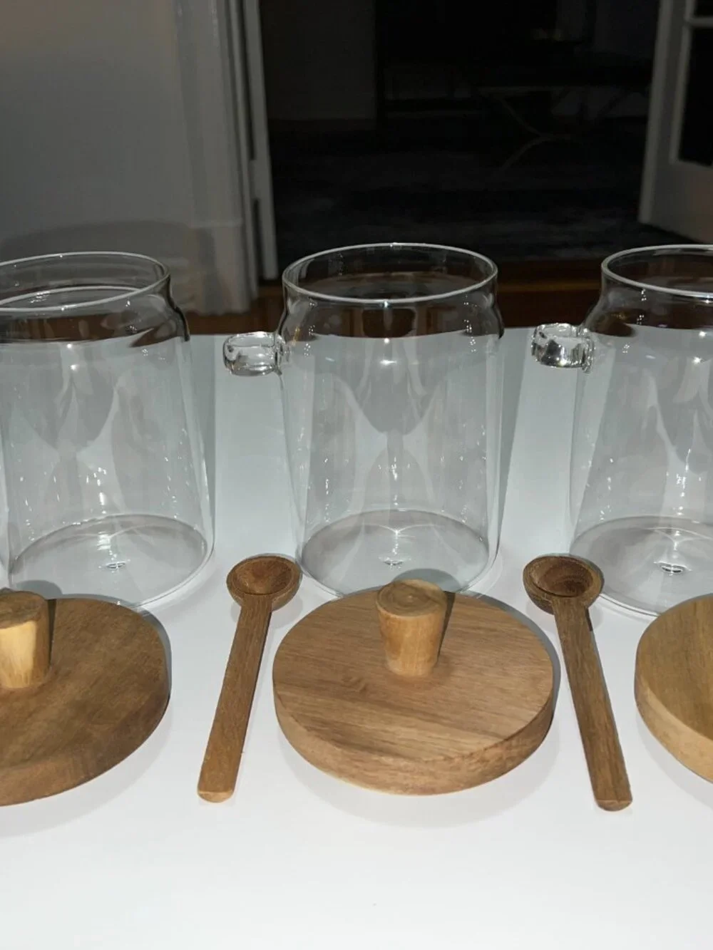 9pc Piscepio Glass Canister Set w/Airtight Bamboo Lids & Wood Spoons EUC